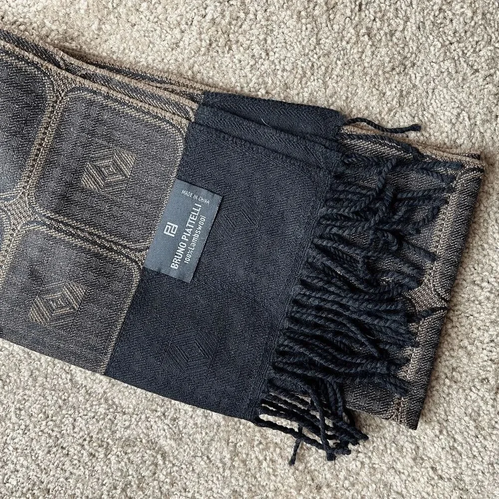 VTG Bruno Piattelli Lambswool Scarf Brown Jacquard Geometric Fringe Italy